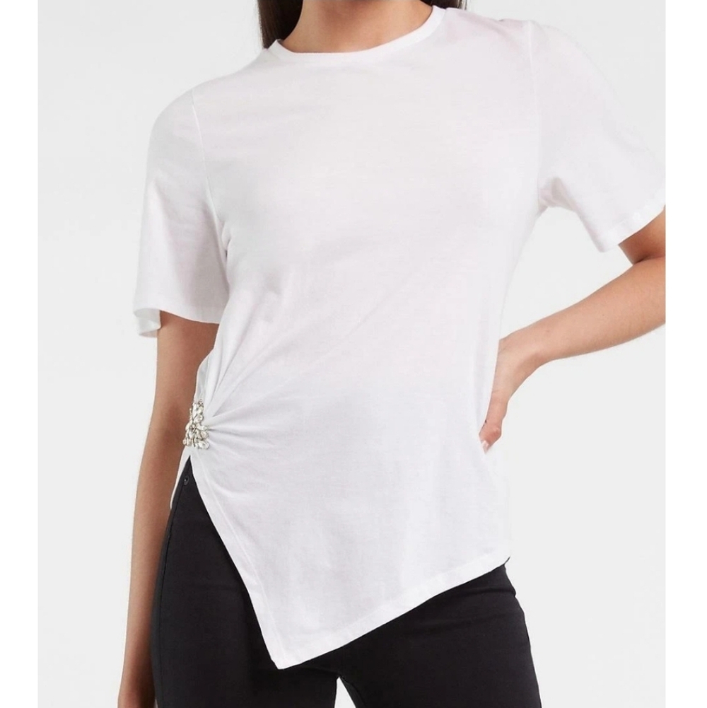 NWT Express Asymmetrical Brooch Side Shirt White & Silver Jewel Accent Cotton XL
